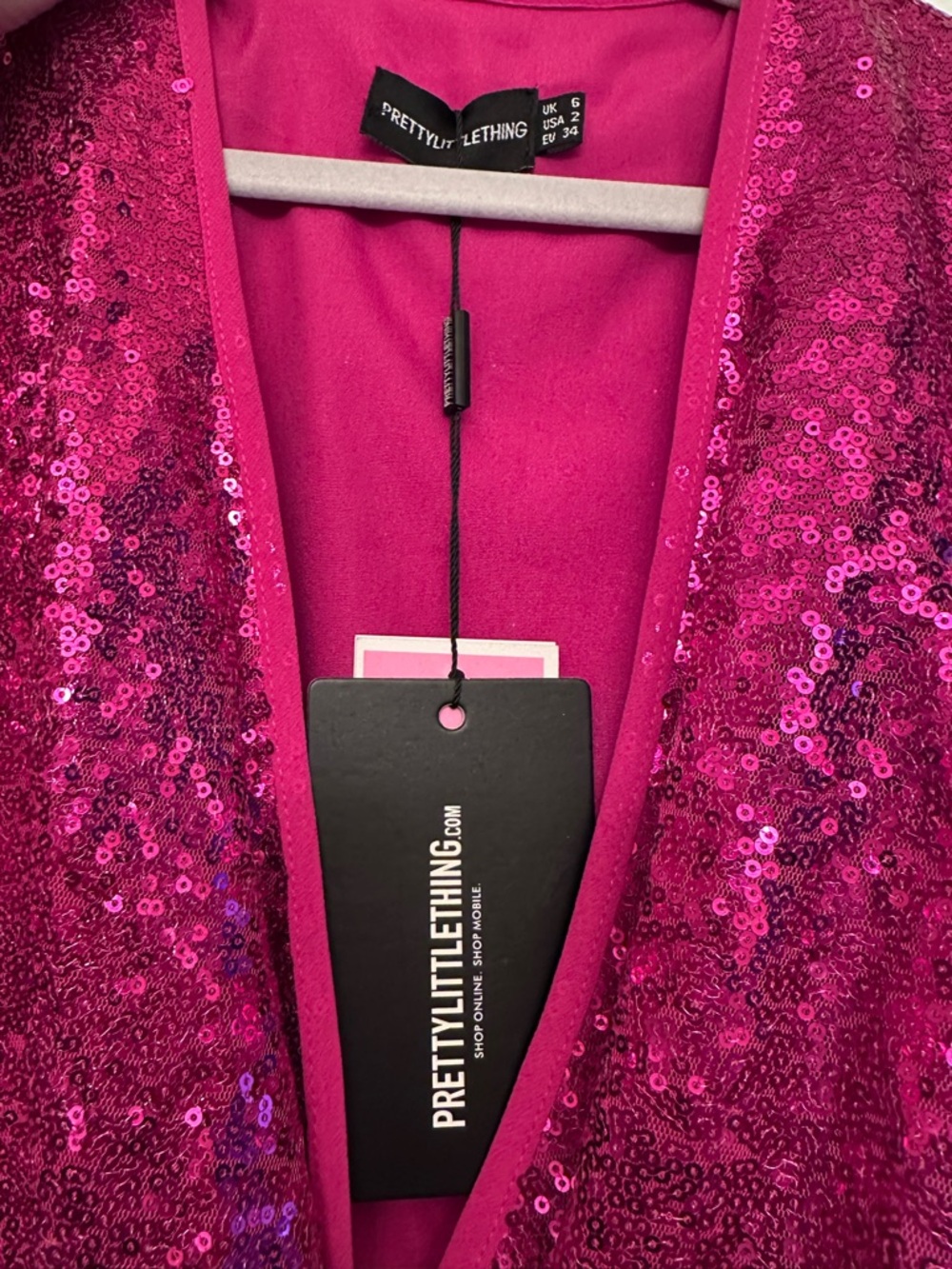 PrettyLittleThing Hot Pink Sequin Long Sleeve Mini Dress - Picture 3 of 8